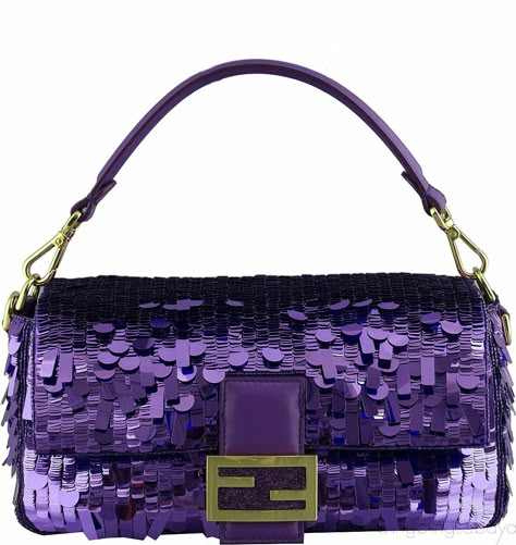 Fendi Purple Sequin Baguette, Fendi Sequin Bag, Fendi Sequin Baguette, Purple Bag Aesthetic, Purple Designer Bag, Fendi Clutch, Winter Bags, Luxury Bags Collection, Purple Purse