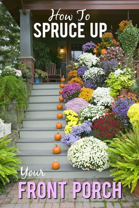 5 Tips to Spruce Up a Front Porch - Turn your run down porch into a beautiful, welcoming entry way with loads of curb appeal with these 5 easy and cheap Tips to Spruce Up a Front Porch! Easy DIY ideas for the porch Front Porch Landscaping Ideas, Front Porch Landscape, Front Porch Garden, Garden Town, Porch Landscaping, Fall Gardening, Fall Front Porch Decor, Fall Front Porch, Porch Garden