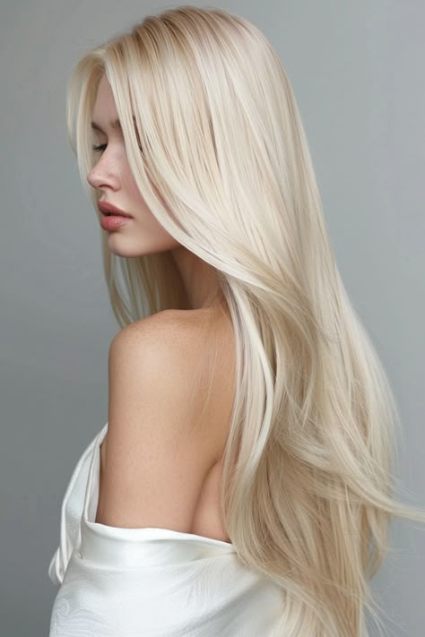 From icy platinum to warm honey, blonde hair color ideas cover a diverse spectrum. Explore the different shades and undertones to find the perfect blonde that matches your skin tone and reflects your personal style. Bleach Blonde Straight Hair, Crystal Blonde Hair, Honey Platinum Blonde Hair, Icy Champagne Blonde Hair, Icy Cool Blonde Hair Color, Platinum Hair Aesthetic, Hair Colors For Cool Undertones, Platinum Blonde Girl, Long Thick Blonde Hair