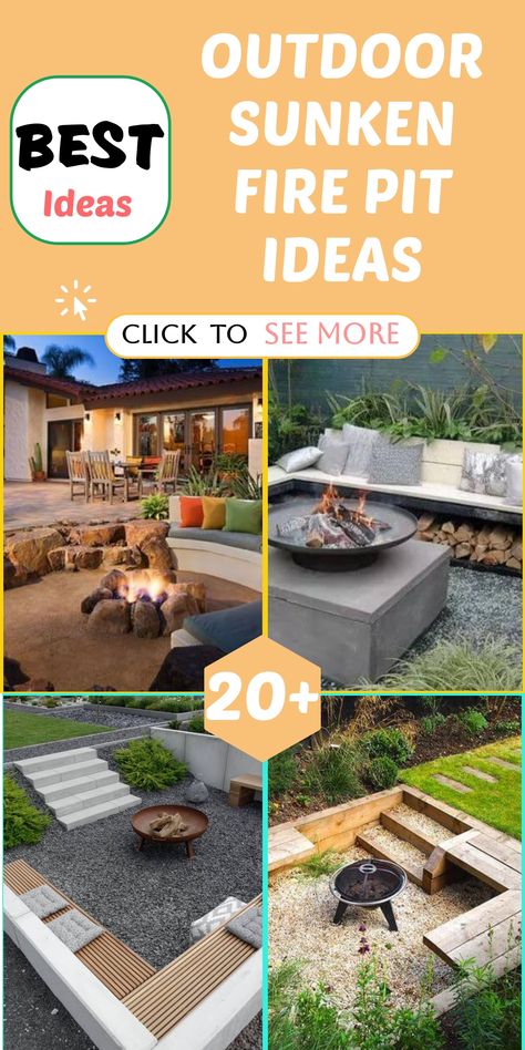 Transform your outdoor gatherings with captivating sunken fire pit concepts that introduce a touch of warmth and elegance to your backyard events. Construct a sunken fire pit with integrated seating incorporating sturdy materials such as concrete, stone, or metal, then amplify the inviting ambience with lavish cushions, throws, and outdoor illumination. Stone Fire Pit Ideas, Sunken Fire Pit, Fire Pit Gallery, Outdoor Fire Pit Seating, Sunken Patio, Fire Pit Seating Area, Sunken Fire Pits, Communal Space, Planting Potatoes