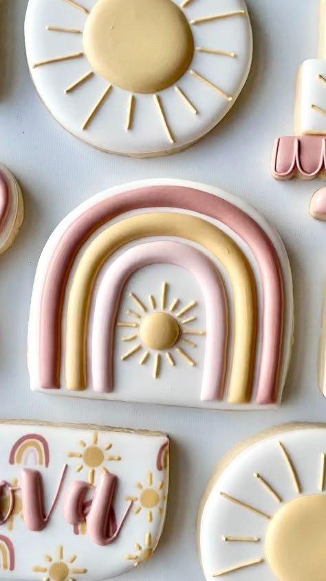 Sun Royal Icing Cookies, Sunshine Birthday Cookies, Sunshine Baby Shower Cake, Sun Cookies, Boho Rainbow First Birthday, Sunshine Cookies, Royal Icing Ideas, Sunshine Decorations, Boho Sunshine