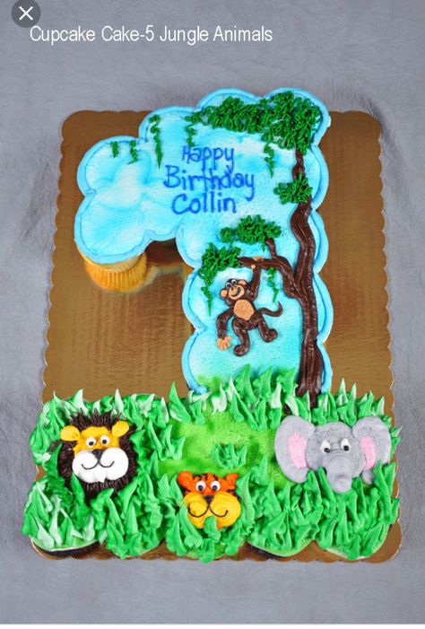 Wild One Cupcake Cake, Wild One Birthday Cupcakes, Zoo Theme Birthday Cake, Jungle Theme Cupcakes, Jungle Cupcakes, Safari Cupcakes, Monkey Cupcakes, Jungle Theme Cakes, 1st Birthday Cupcakes