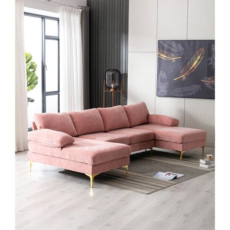 Everly Quinn Kinlock 111" Wide Symmetrical Modular Sectional | Wayfair Pink Sectional, Lounge Pillow, Accent Sofa, Affordable Sofa, U Shaped Sectional Sofa, Living Room Furniture Styles, Chic Sofa, High Quality Sofas, Sectional Sofa With Chaise