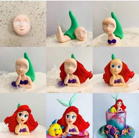 Ariel Polymer Clay, Kue Fondant, Fruit Cake Design, Ariel Cake, Nautical Cake, Cake Models, Mermaid Cake Topper, Clay Crafts For Kids, Cake Decorating For Beginners