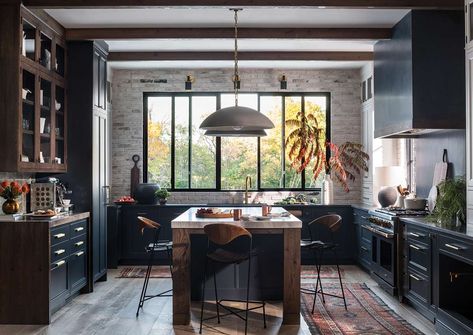 Studio Dearborn, Nashville Decor, Small Kitchen Island Ideas, Blue Kitchen Designs, Forest Retreat, Small Kitchen Island, Vintage Bar Stools, New Kitchen Designs, Industrial Kitchen