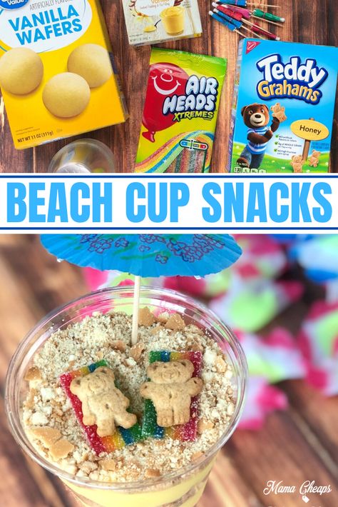 Beach Party Desserts, Cup Snacks, Punch Recipes For Kids, Pudding Cup Recipes, Beach Dessert, Beach Treats, Pudding Cup, Beach Snacks, Kids Recipe