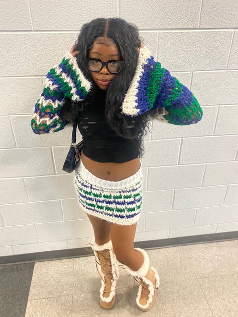 Cute blue, green, and white crochet skirt paired with crochet flare sleeves and camel demonia boots 🔥 White Crochet Skirt, Pride Crochet, Crocheted Skirt, Demonia Boots, Crochet Outfit, Stockings Outfit, Crochet Business, Flare Sleeves, Crochet Skirt