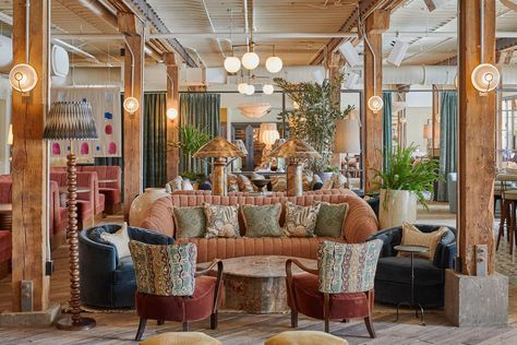 Eclectic interiors at Soho House Nashville Soho House Hotel, Nashville Hotels, Small Hotels, House Interior Design Styles, Velvet Furniture, House Bedrooms, Austin Homes, Room Screen, Local Furniture