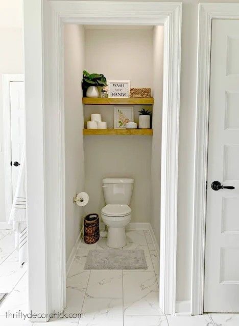 Water Closet Decor, Small Toilet Decor, Toilet Closet, Shelves Above Toilet, Small Downstairs Toilet, Building Shelves, Half Bathroom Decor, Toilet Room Decor, Small Toilet Room