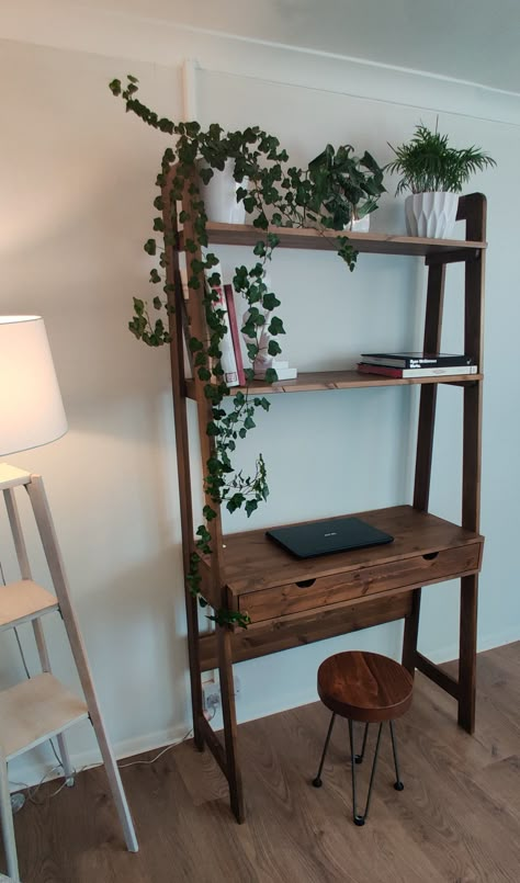 Mid Century Modern Bedroom Small Space, Ladder Desk Ideas, Desk With No Drawers, Ladder Desk Decor, Wooden Desk Inspo Aesthetic, Ladder Desk Unit, Wooden Desk Aesthetic, Dunelm Ladder Desk, Cottege Core Desk Simple