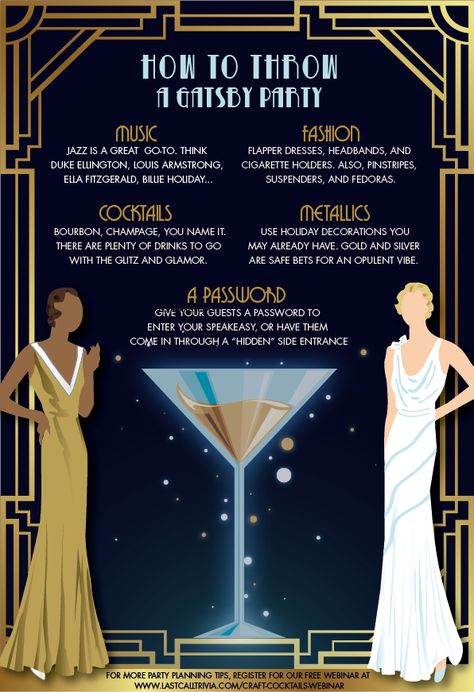 Looking to throw the ultimate Gatsby party this holiday season? Here are all the tips you need to make your party the bees knees! #gatsby #gatsbyparty #partyplanning #1920sparty #speakeasy 1920 Party Drinks, 1920 Bday Party, Great Gatsby New Year Party, The Great Gatsby Party Theme Sweet 16, 30th Birthday Great Gatsby Theme, 1920 Prohibition Party, Great Gatsby Theme Birthday Party, Grate Gatsby Party Ideas, Great Gatsby Party Decorations Birthdays