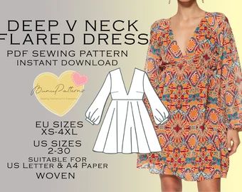 View DRESS by BunuPatterns on Etsy Xxl Pattern Sewing Plus Size, Plus Size Summer Sewing Patterns, Sewing Pattern Plus Size, Plus Size Sewing Patterns Free Easy, Plus Size Dress Patterns Free, Plus Size Sewing Patterns Free, Plus Size Dress Patterns, V Neck Dress Pattern, Sewing Icon