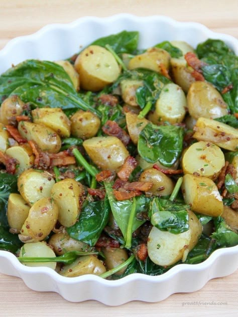 Warm Spinach and Potato Salad with Bacon Vinaigrette, that's right, Bacon Vinaigrette! This is the perfect summer side. It goes with everything! Spinach And Potatoes, Potato Salad With Bacon, Spinach Potato, Bacon Vinaigrette, Bacon Potato Salad, Bacon Potato, Resep Salad, Potatoe Salad Recipe, Potato Dishes