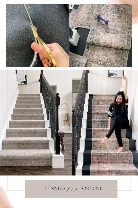 A carpet runner always improves the staircase design and adds style to the space. If this is your first time installing a carpet runner on your hardwood staircase, I'm sharing how I completed this easy DIY home project with a unique look. This step-by-step staircase runner home improvement project will show you how I achieved the look of a beautiful vintage stair runner by mixing three new runner rugs. Learn how to install a staircase runner and which materials you need for this project! Carpet Runner On Stairs With Turn, Painted Stairs With Carpet Runner, Diy Home Updates On A Budget, Stairs Carpet Runner, Carpet Runner On Stairs, Runner On Stairs, Vintage Stair Runner, Townhome Decor, Hardwood Staircase