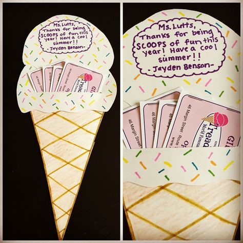 Great teacher gift idea! Gift card to get ice cream presented in homemade ice cream cone! So easy and cute!! Ice Cream Gift Card Holder, Homemade Ice Cream Cone, Daycare Teacher Gifts, Ice Cream Sticks, Ice Cream Gift, Patio Remodel, Last Minute Birthday Gifts, Daycare Teacher, Ice Cream Birthday