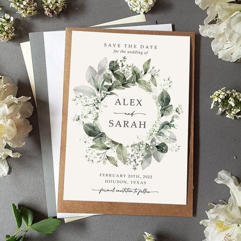 Greenery save the dates featuring Gypsophila Sage Green Eucalyptus & Baby's Breath Wedding Announcement Baby's Breath Wedding, Gypsophila Wedding, Green Eucalyptus, Save The Date Photos, Save The Date Templates, Elegant Font, Date Cards, Baby's Breath, Personalised Wedding