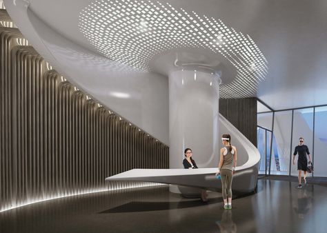 These new images reveal more details and show the interior designs for late… Zaha Hadid Interior, Zaha Hadid Architecture, Lobby Interior Design, Galleria D'arte, Lobby Interior, Futuristic Interior, Zaha Hadid Architects, Counter Design, Lobby Design