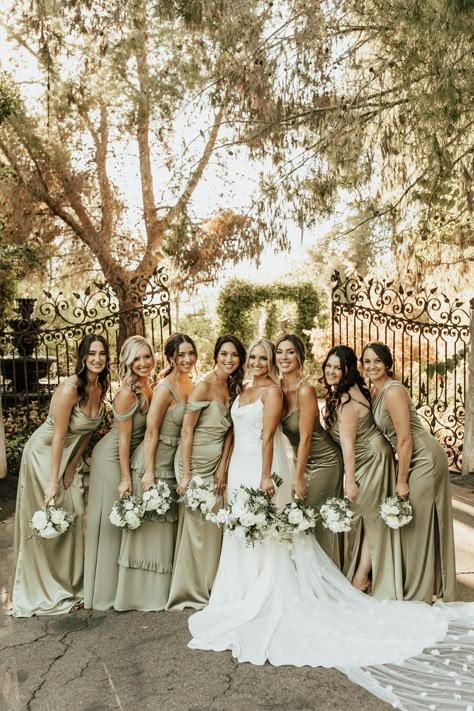 Green Mismatched Bridesmaid Dresses, Mismatched Green Bridesmaid Dresses, Champagne Wedding Colors, Wedding Color Palettes, Olive Wedding, Sage Bridesmaid Dresses, Sage Green Bridesmaid Dress, Bridal Party Outfit, Champagne Bridesmaid