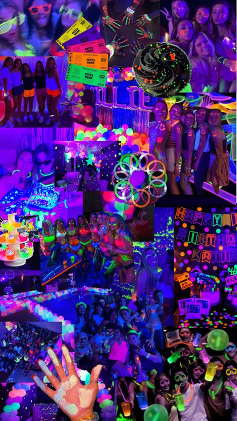 Party Inspo🎉 #party #inspo #partyinspo #glowinthedark #neon #neonparty #aesthetic #preppy Sweet Sixteen Neon Party Ideas, Birthday Glow In The Dark Party, Cool 13th Birthday Party Ideas, Rave Bday Party, 18th Bday Party Ideas Outside, Neon After Party, Neon 16th Birthday Party Ideas, Birthday Party Ideas Glow In The Dark, Neon Birthday Theme