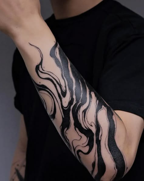 Colour Forearm Tattoo Men, Flame Tattoos Sleeve, All Black Arm Tattoo, Oil Spill Tattoo Sleeve, Blackwork Fire Tattoo, Dark Shading Tattoos, Paint Strokes Tattoo, Left Arm Sleeve Tattoo Men, Abstract Black Work Tattoo