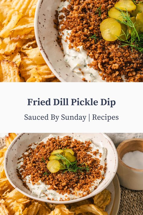 Fried Dill Pickle Dip. These fried dill pickles are the ultimate snack sensation. Follow me @saucedbysunday, click the link to my website, and search "Fried Dill Pickle Dip" to find the complete recipe. Cheesy Fried Pickle Dip, Fried Dill Pickle Dip Recipe, Dill Pickle Salsa, Candied Dill Pickle Recipe, Fried Dill Pickle Dip, Fried Pickle Dip, Dill Pickle Dip Recipe, Tavern Food, Vegan Dip Recipes