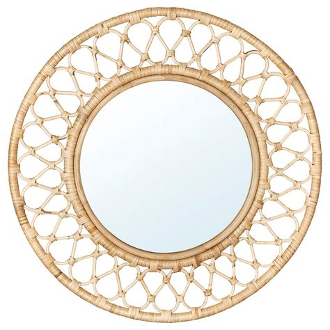 GRINSBOL Mirror, rattan, 21 ¾" Embrace nature! This mirror in hand-woven rattan gives your room a depth that makes it feel extra vibrant. Whether you hang up one, several or combine them with paintings, they make a strong impression. Provided with safety film - reduces damage if glass is broken. Boho Rattan Mirror, Grinsbol Mirror, Rattan Mirror Bathroom, Coastal Mirror, Ikea France, Boho Mirror, Ikea Mirror, Wicker Mirror, Rattan Mirror