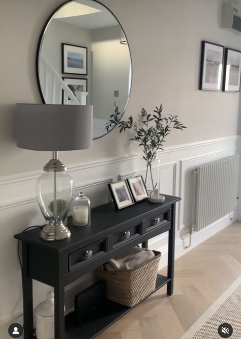 Sage Green Hallway, Entrance Tables, Black Hallway, Entrance Hall Decor, Hall Stairs, Front Hallway, Green Hallway, Hallway Inspiration, Flat Decor