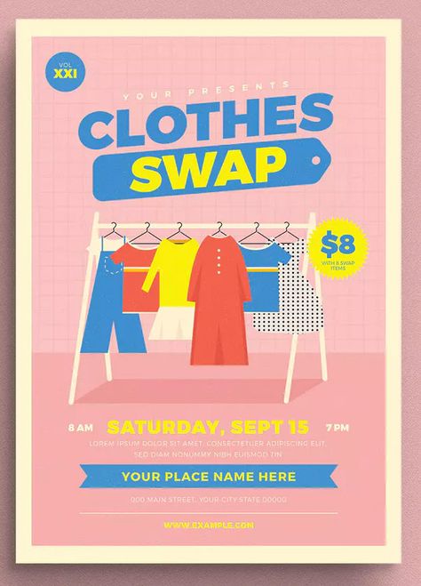 Clothes Swap Flyer Template AI, PSD. Download Clothing Exchange Flyer, Clothes Swap Poster, Clothes Poster Design, Clothing Poster Design, Clothing Sale Poster, Clothes Poster, Reuse Clothes, Clothing Exchange, Clothes Swap