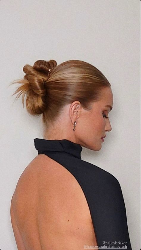 Rosie Huntington Whiteley Bun, Chic Bridal Bun, Rosie Huntington Whiteley Hair Updo, Bridal Hair For High Neckline, Slicked Back Hairstyles Wedding, Slick Back French Twist, Slicked Back Wedding Hair Updo, Sleek High Bun Wedding Hair, Sleek Up Do