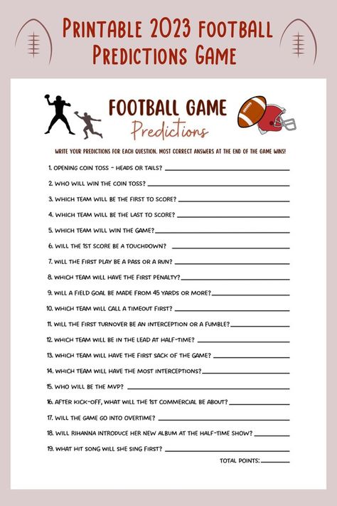 This 2023 Football predictions game is a printable PDF and an instant digital download! It is perfect for your party or event and great to play with your friends and family! It is sure to impress your guests and works great for adults and kids! Employee Engagement Events, Super Bowl Sunday Party, Super Bowl Activities, Super Bowl Predictions, Work Party Games, Superbowl Party Games, Superbowl Game, Engagement Events, Football Predictions