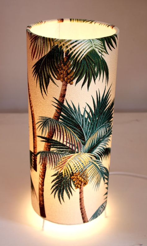 side lamp palm tree barkcloth Hawaiian Furniture, Scorpion Bowl, Palm Tree Decorations, Hawaiian Homes, Tiki Decor, Side Lamp, Tropical Bedrooms, Tiki Lounge, Hawaiian Decor