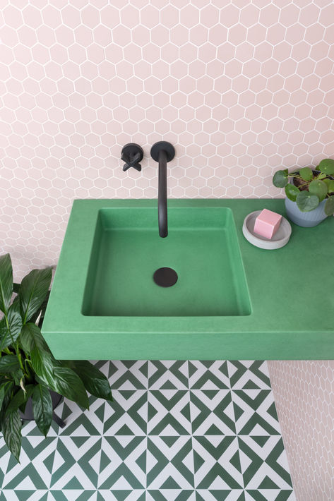 Vibrant green of the Fox C3 Concrete Sink takes centre stage in this playful, uplifting bathroom design. ⁠ ⁠Bathroom design | Home styling | Spring Home Decor | Bathroom Inspiration | Master Bathrooms 2024 Trends | Colourful Home Decor | Modern Bathroom Wall Mounted Taps, Cloakroom Basin, Concrete Basin, Concrete Sink, Vanity Area, Tile Trim, Outdoor Tiles, Green Bathroom, Unique Materials