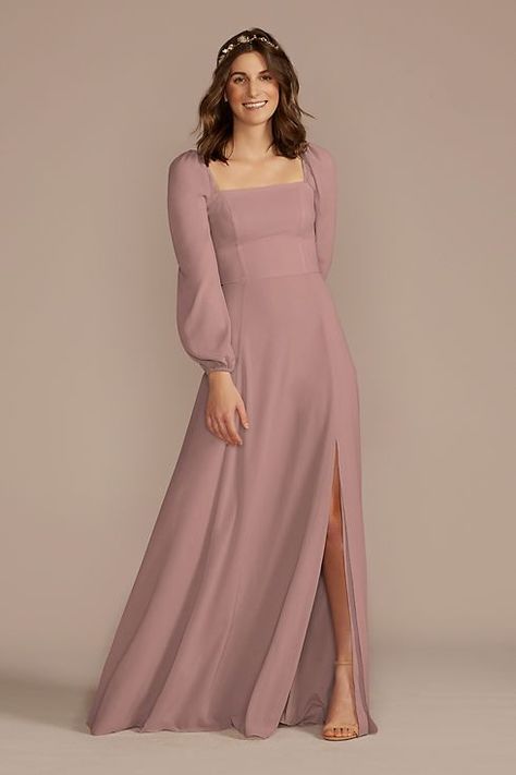 Long Sleeve Chiffon Bridesmaid Dress | David's Bridal March Wedding Guest Dress, Satin Dress With Sleeves, Bridesmaid Dresses Long Blue, Braidsmaid Dresses, Mauve Bridesmaid Dress, Pastel Bridesmaid Dresses, Empire Waist Bridesmaid Dresses, Mesh Bridesmaids Dress, Long Sleeve Bridesmaid Dress