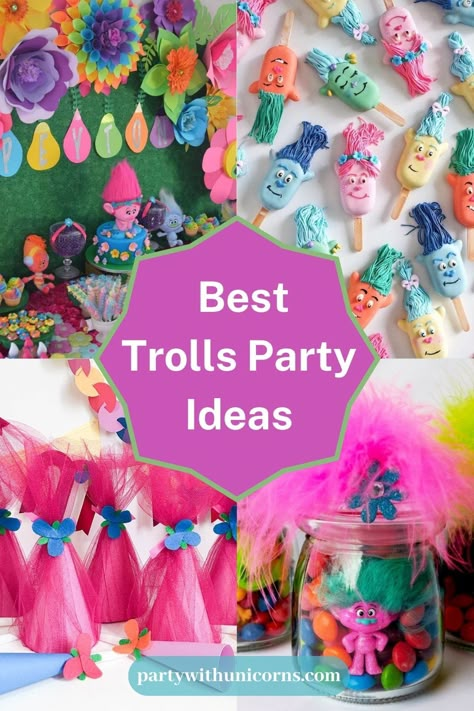 60 Best Trolls Party Ideas - Party with Unicorns Trolls Birthday Cupcake Ideas, Trolls Birthday Cake Cupcakes, Trolls Birthday Activities, Trolls Birthday Party Activities, Trolls Disco Party, Trolls Movie Night, Trolls Themed Birthday Party Food, Trolls Bday Cake, Trolls Party Activities