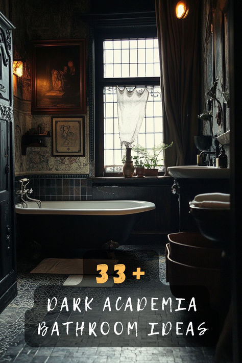 Craving a moody, intellectual vibe in your bathroom? 🌿 Explore 33 dark academia bathroom ideas that blend classic elegance with a touch of mystery. From vintage fixtures to rich color palettes, these concepts will inspire your next remodel. Ready to see how you can achieve this aesthetic? Click to discover all the intriguing ideas! #DarkAcademia #BathroomDesign #MoodyInteriors #VintageStyle #HomeDecor #ElegantSpaces #InteriorInspo Dark Bathroom Vintage, Moody Bathroom Decor Ideas, Dark Bathrooms Aesthetic, Dark Academia Bathroom Decor, Moody Victorian Bathroom, Moody Vintage Bathroom Ideas, Dark Academia Powder Room, Dark Academia Bathroom Ideas, Dark Vintage Bathroom