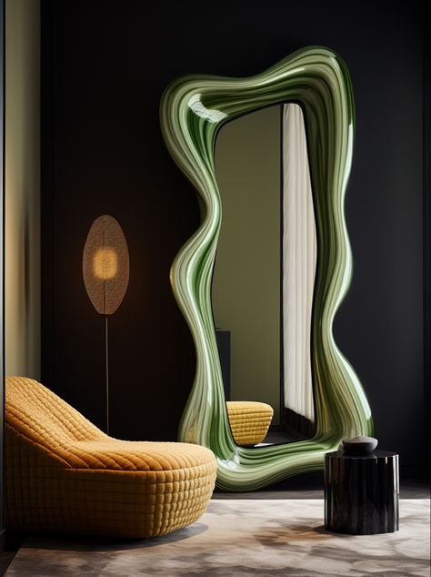 a room with a green mirror and chairs, in the style of wavy lines and organic shapes, dark yellow and light beige, calming effect Black And Cream Living Room, Foam Mirror, Exhibition Display Design, Fake Pics, Cream Living Rooms, Green Mirror, Green Mirrors, Wavy Lines, Exhibition Display