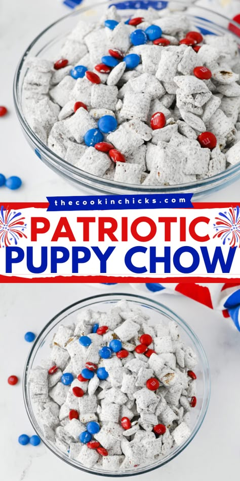 This Patriotic Puppy Chow recipe is a simple, no-bake sweet treat that is perfect for 4th of July, Memorial Day, or any summer gathering! Chocolate peanut butter coated rice chex cereal covered in powdered sugar with red and blue M & M’s throughout! A fail proof recipe even the kids can help make! Blue Puppy Chow, Patriotic Puppy Chow, Puppy Chow Crispix Recipe, Puppy Chow Halloween, Puppy Chow Snack, Chex Mix Recipes Original, Puppy Chow Christmas, Patriotic Puppy, Puppy Chow Chex Mix Recipe