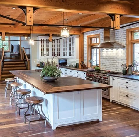 Log Cabin White Kitchen, Modern Log Cabins Interiors, Modern Log Home Interiors, Modern Log Cabin Kitchen, Log House Kitchen, Mountain Kitchen Ideas, Modern Log Cabin Interior, Log Kitchen, Log Cabin Kitchen Ideas