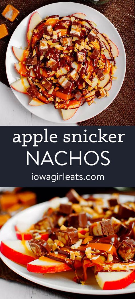 Apple Snicker Nachos are layers of fresh apple slices, gooey caramel, chopped Snickers, and crushed peanuts. A delicious and indulgent treat! iowagirleats.com keywords: dessert recipes, dessert ideas, desserts easy, halloween candy leftovers Sheet Pan Apple Nachos, Heath Bar Recipes, Vegetarian Nachos, Apple Nachos, Caramel Apples Easy, Food Truck Food, Gooey Caramel, Low Carb Plan, Dinosaur Themed Birthday Party