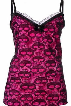 Jawbreaker Skull Mesh Overlay Top TPA1562 Pink Adjustable shoulder straps Black mesh overlay with skull pattern Lace neckline with velvet ribbon with skull charm 100% Polyester http://www.comparestoreprices.co.uk/fashion-clothing/jawbreaker-skull-mesh-overlay-top-tpa1562.asp Inked Shop, Catty Noir, Attitude Clothing, Pink Lace Tops, Tattoo Clothing, Scene Outfits, Scene Fashion, Style Rock, Mesh Overlay