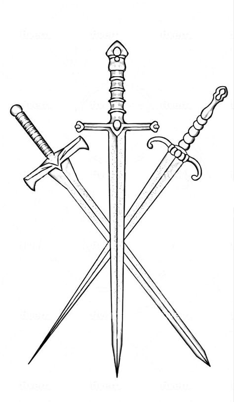 2 Swords Tattoo, Cross Swords Tattoo Design, Three Swords Tattoo Design, Three Swords Tattoo, Three Of Swords Tattoo, Beginner Tattoo Stencils, Stencil Tattoo Ideas, Arm Patchwork, Easy Manga Drawings