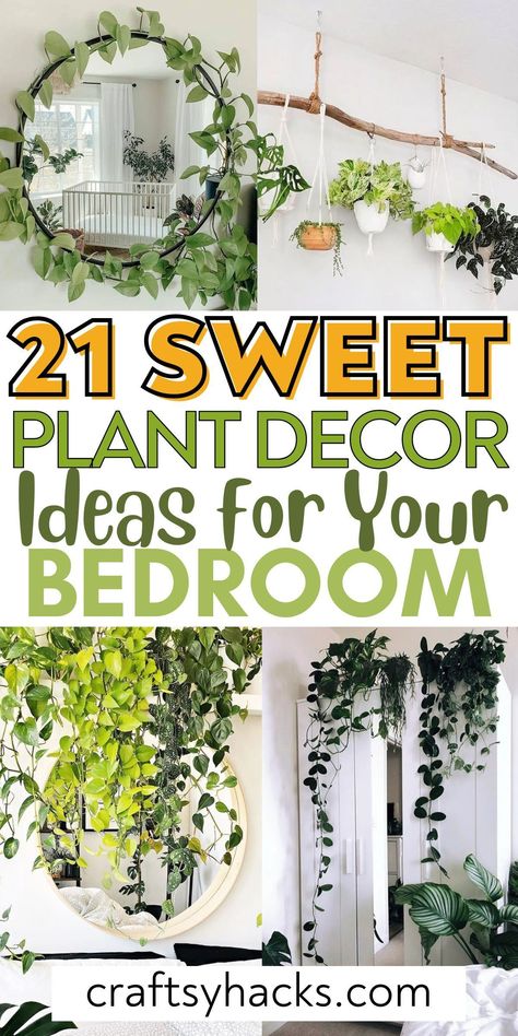 Elevate your bedroom’s ambiance with creative indoor plant ideas that seamlessly blend with any bedroom decor style. From hanging planters to elegant floor plants, discover how adding a touch of nature can be the ultimate bedroom inspiration. Plants Boho Bedroom, Bedroom Inspirations Plants Cozy, Greenhouse Bedroom Inspiration, Bedroom Nature Decor, Bedroom With Houseplants, Nature Inspired Diy Decor, Hanging Plants On The Wall, Bedroom Indoor Plants Ideas, Modern Plant Bedroom Ideas