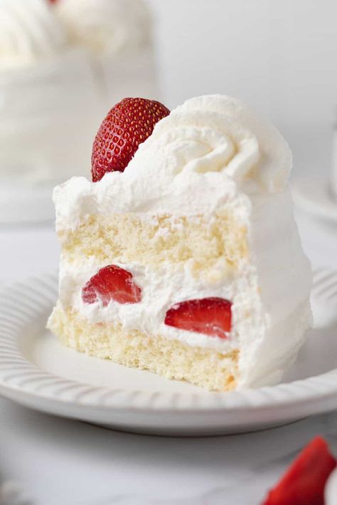 A single slice of Japanese strawberry shortcake. Cake Recipes Strawberry Shortcake, Japanese Vanilla Cake, Asian Strawberry Cake, Cake Recipes Japanese, Sponge Layer Cake, Japanese Soft Cake, Strawberry Genoise Cake, Sponge Cake With Strawberries And Cream, Whipped Cream Strawberry Cake