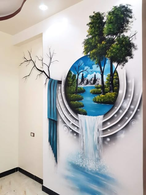 Wall Painting Scenery Ideas, Hall Wall Painting Ideas Creative, 3d Wall Painting Ideas Living Rooms, 3d Mural Art Ideas, Living Hall Wall Painting Ideas, Wall Painting Ideas Creative, Hall Painting, Creative Wall Painting, 3d Wall Painting