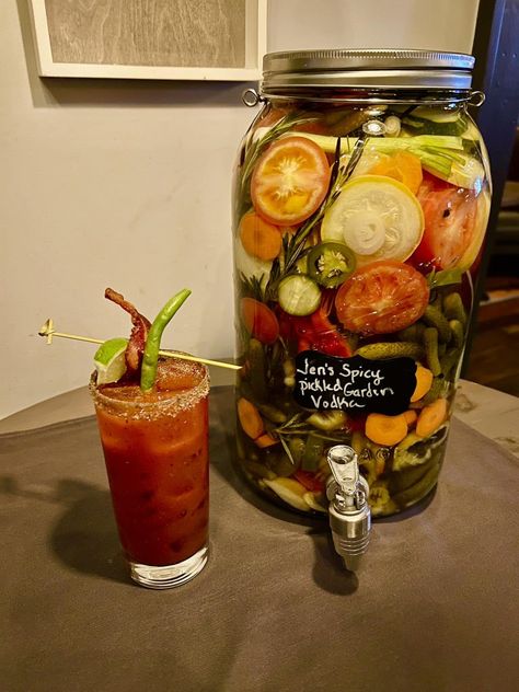 Grandma Jen’s Spicy Pickled Garden Vodka Recipe Pickle Vodka, Infused Liquors, Dehydrating Food, Spicy Pickles, Homemade Liquor, Canning Vegetables, Saturday Brunch, Vodka Recipes, Infused Vodka