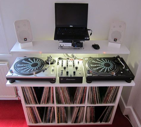 Low cost DJ stand with vinyl storage        I searched around for a DJ stand and could not find exactly what I was after, either due to... Dj Desk, Deck Cost, Dj Decks, Dj Table, Home Recording Studio Setup, Dj Stand, Recording Studio Setup, Dj Room, Home Music Rooms