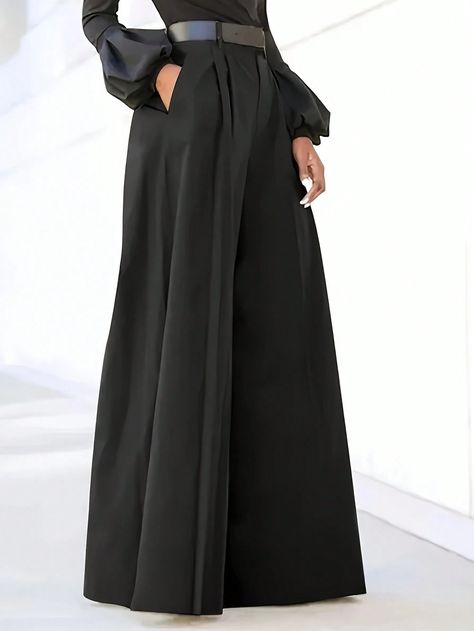 Solid Color Pocket Casual Loose Pants, Everyday Wear Black Elegant   Woven Fabric Plain Wide Leg Non-Stretch Fall,Spring/Fall Women Clothing, size features are:Bust: ,Length: ,Sleeve Length: Palazzo Pants Summer, Plus Size Wide Leg, Maxi Rok, High Waist Wide Leg Pants, Black Wide Leg Pants, Blue Army, Loose Trousers, Moda Plus, Summer Chic