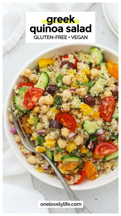 My Big Fat Greek Quinoa Salad recipe is packed fresh vegetables, fluffy quinoa & a lemony dressing--perfect for picnics, bbqs & more! The bright colors and bold flavors of this healthy quinoa salad make it the perfect meal prep lunch or summer side dish to all your grilled favorites. Try it with grilled chicken for more protein, or serve it as a vegetarian summer side dish! Protein Summer Salad, Dairy Free Quinoa Salad, Protein Side Dishes, Summer Meal Prep, Lemony Dressing, Healthy Quinoa Salad, Greek Quinoa, Fluffy Quinoa, Dairy Free Salads