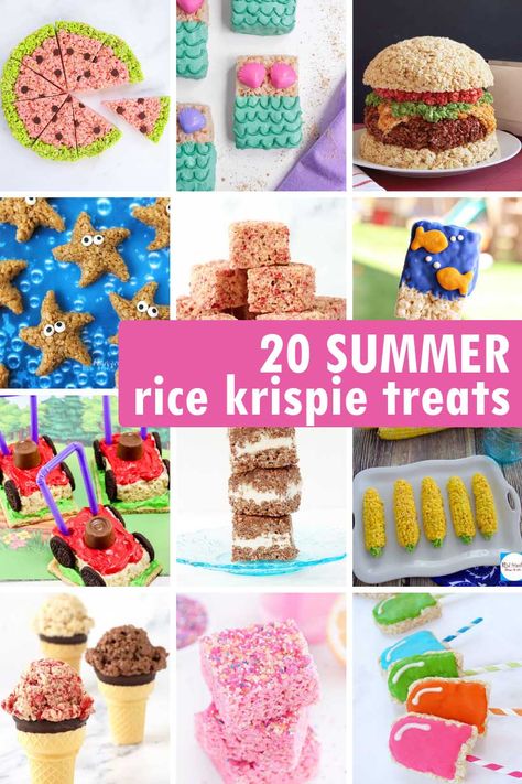 20 SUMMER RICE KRISPIE TREATS -- A roundup of cute and clever no-bake cereal treats to cool off this summer. Back To School Rice Krispie Treats, Cute Rice Crispy Treats, Cool Rice Krispie Treat Ideas, Rice Krispie Treat Popsicle, Fun Rice Krispie Treats Ideas, Cute Rice Crispy Treats Ideas, Summer Rice Krispie Treats, Rice Krispie Treats Decorating Ideas, Fun Rice Crispy Treat Ideas