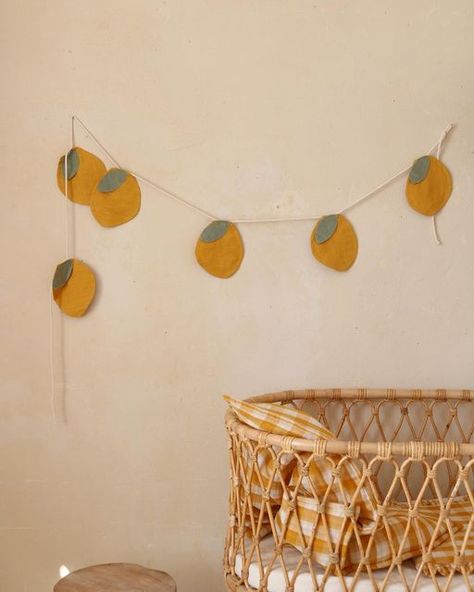 Babo Tipi on Instagram: "Monday 🍋" Lemon Garland, Garland Nursery, Yellow Nursery, Nursery Paintings, Linen Fabrics, Stylish Interior, Yellow Citrine, Nursery Neutral, Rust Color